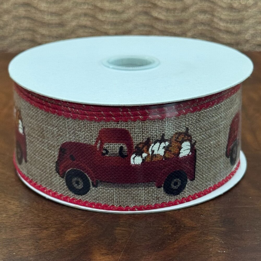 Red Truck Pumpkin Fall Wired Burlap Roll New With Tags